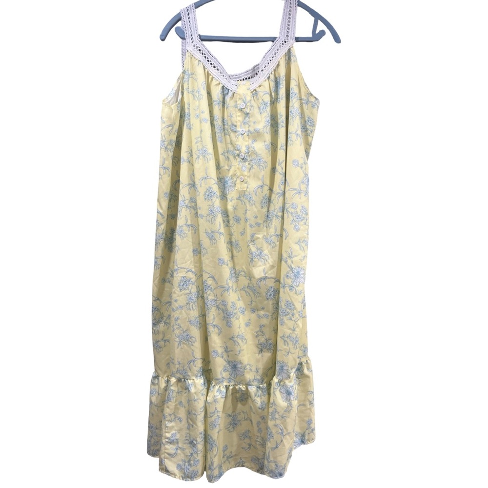 Vintage Yellow Nighty / Night Gown Lace Tiered Hem White & Blue Floral Cottage - Picture 3 of 8